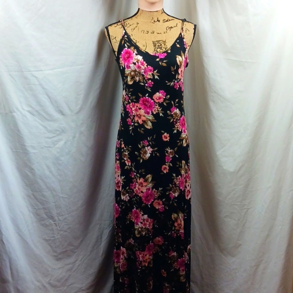 New Tilly's Black Floral maxi dress slip on long summer dress XLarge